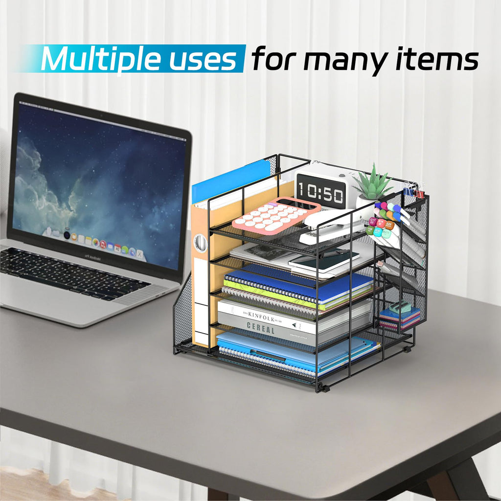 SUPEASY Desk Organizer with File Holder, 5-Tier Paper Letter Tray Organizer with Pen Holder, Desktop Organization and Storage for Office Supplies Black