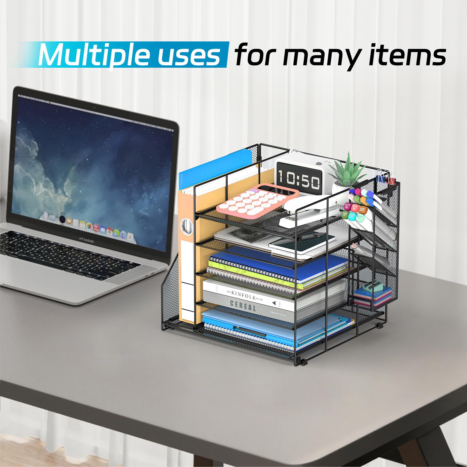 SUPEASY Desk Organizer with File Holder, 5-Tier Paper Letter Tray Organizer with Pen Holder, Desktop Organization and Storage for Office Supplies Black