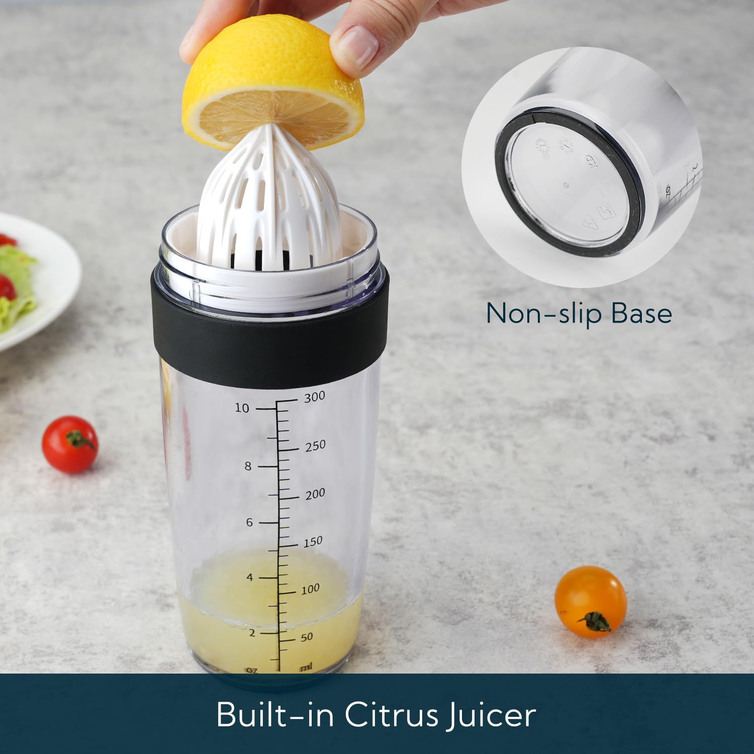 KITCHENDAO 2 in 1 Salad Dressing Shaker Container with Juicer, Pour Spout, Leakproof, Dishwasher Safe, BPA Free, Homemade Oil and Vinegar Salad Dressing Bottle Mixer Dispenser, 1-1/2 Cups (Black)