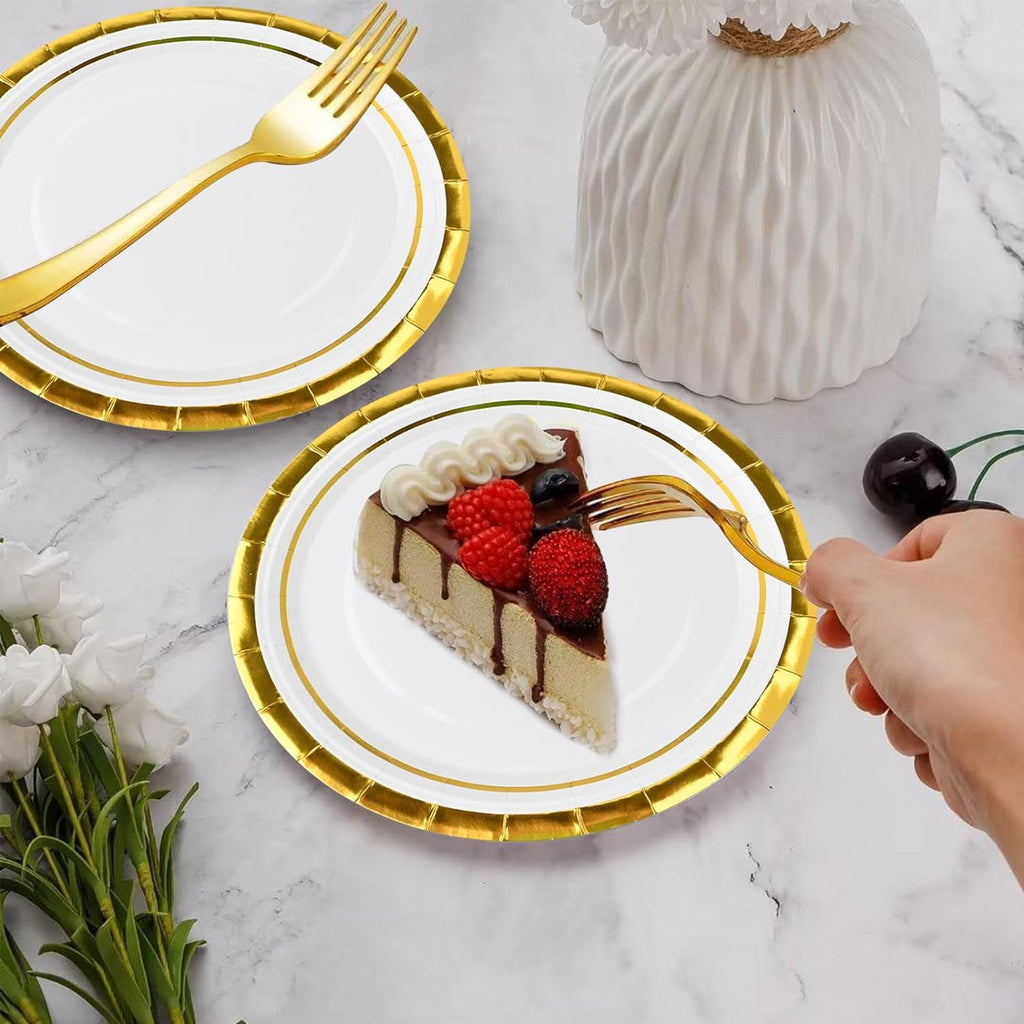 100 Pieces 7 Inches Disposable Paper Plates, Elegant Gold Rimmed Paper Plates Bulk, Round Party Plates for Wedding Birthday Baby Shower Graduction BBQ Picnic Holiday Decorations