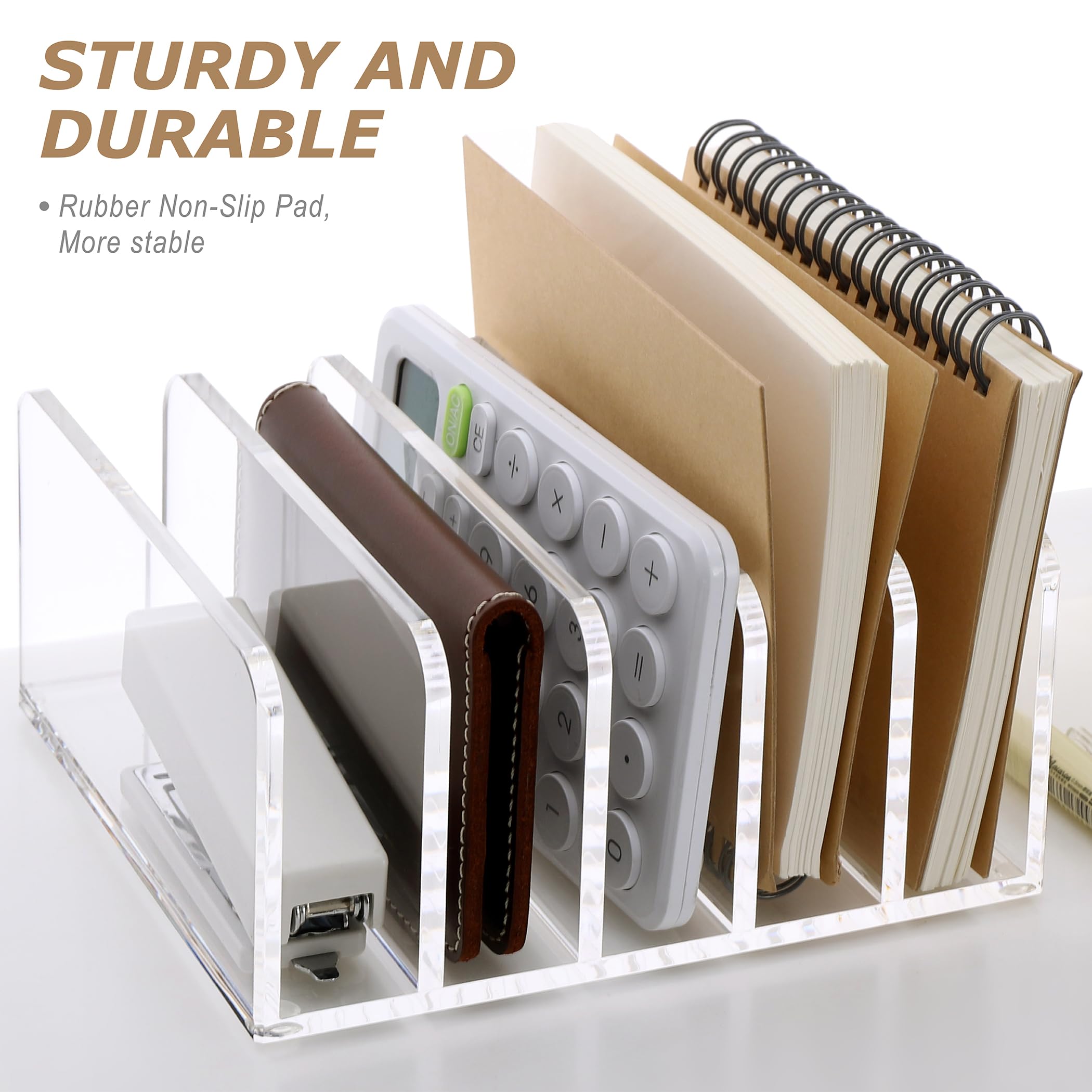 SANRUI Acrylic Desktop File Organizer, 5 Compartments Clear Office Document Sorter Mails Storage, Multifunction Letter Folder Racks Holders for Office,Home, School Desk Organization