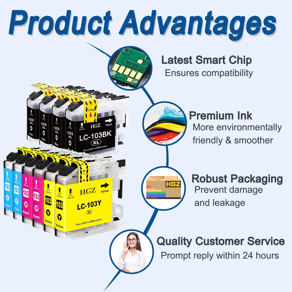 HGZ LC103XL Compatible Ink Cartridges Replaccement for LC103 LC103XL LC101XL Used for MFC J870DW J450DW J470DW J650DW J4410DW J4510DW J4710DW J6720 (4Black, 2 Cyan, 2 Magenta, 2 Yellow, 6 Pack)