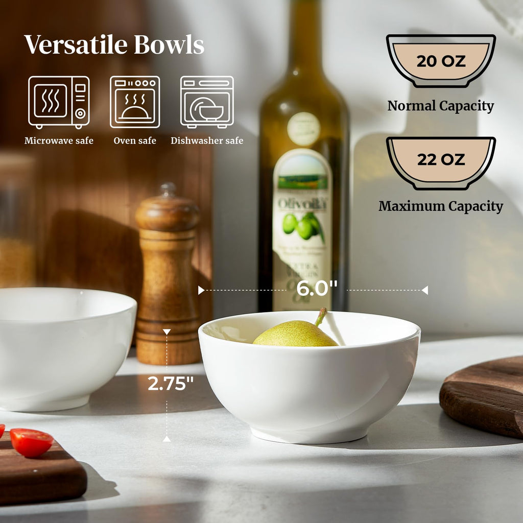 DOWAN Soup Bowls, Ceramic Cereal Bowls, 22 Ounce Bowl Set of 4, Sturdy & Stackable, Dishwasher & Microwave Safe, White Bowls for Rice Pasta Salad Oatmeal Mixing