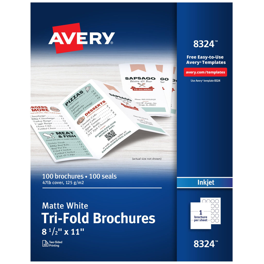 Tri-Fold Brochures, Inkjet, White, Matte, 1-up, 100-sheets