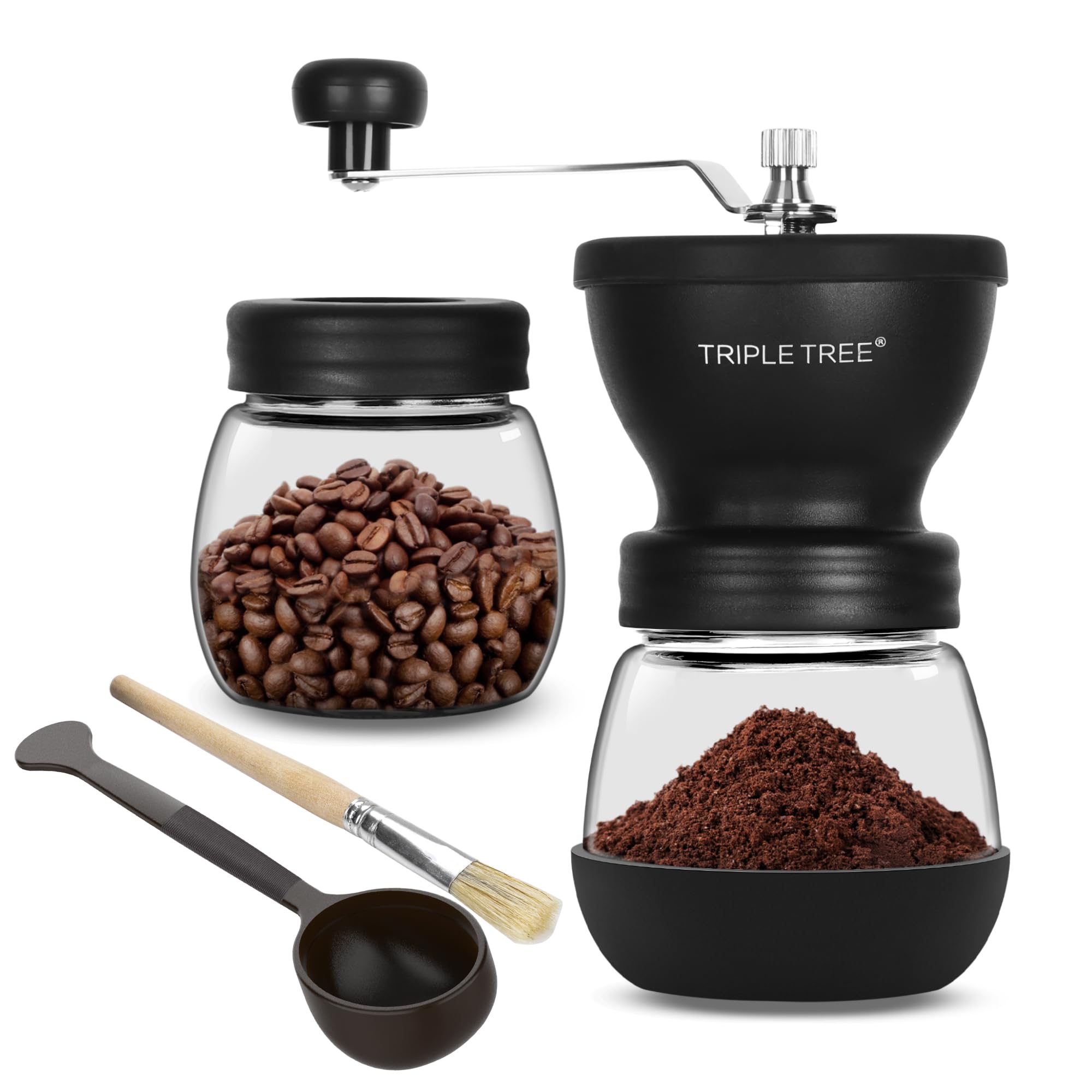 Manual Coffee Grinder with Ceramic Burrs and Lengthen Stainless Steel Handle, Hand Coffee Mill with 2 Glass Jars(11oz Each), Brush and Tablespoon Scoop, Coffee Bean Grinder for Camping, Black