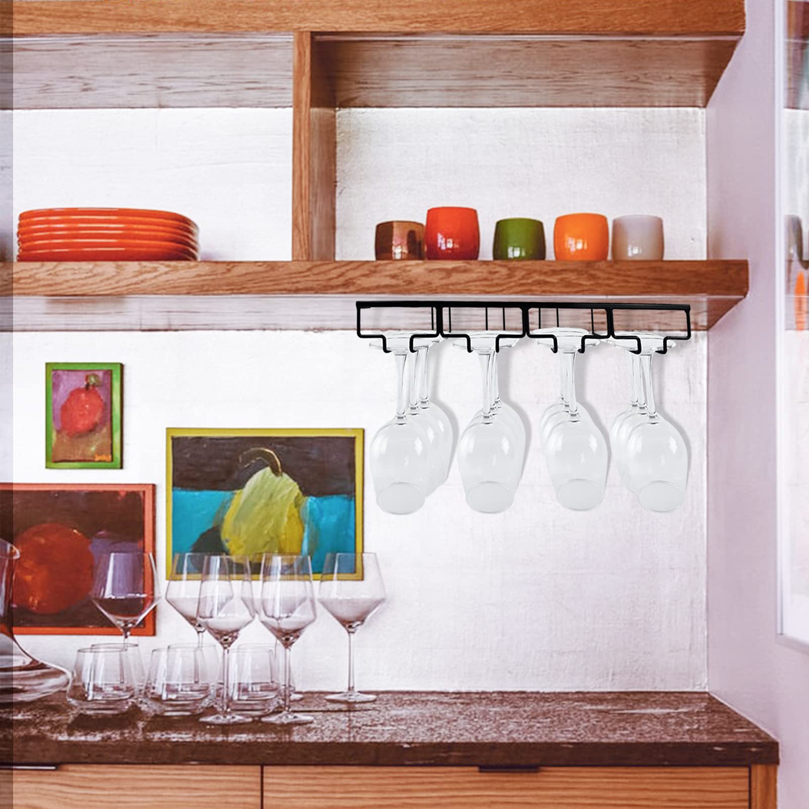 Wine Glass Rack - 4 Row Under Cabinet Stemware Wine Glass Holder - Glasses Storage Hanger for Bar Kitchen, Metal Organizer for Brandy, Margarita, Martini Glasses & More - 2 Pack, Black