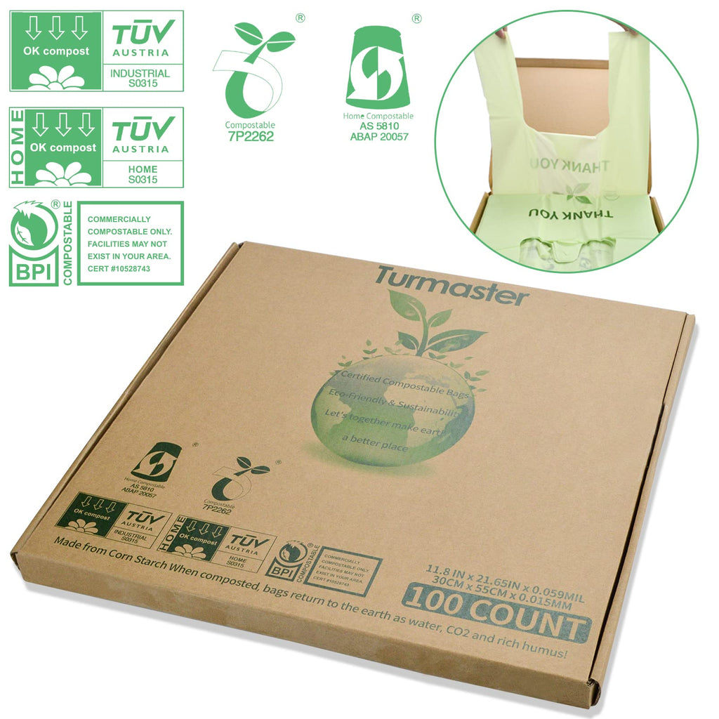 100% Certified Compostable Grocery Bags Biodegradable T-Shirt Bags Recyclable Thank You Shopping Bags Eco Friendly takeout Reusable Bags, Great for On The Go, Farmers Markets,100 Count