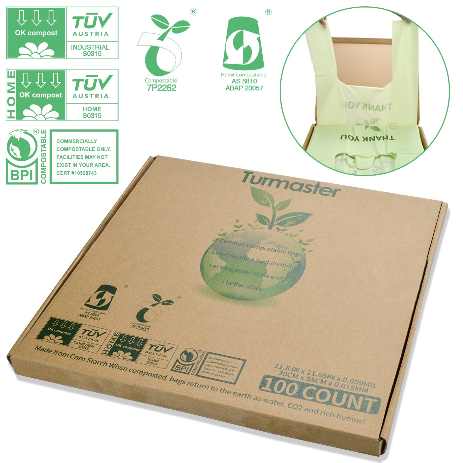 100% Certified Compostable Grocery Bags Biodegradable T-Shirt Bags Recyclable Thank You Shopping Bags Eco Friendly takeout Reusable Bags, Great for On The Go, Farmers Markets,100 Count