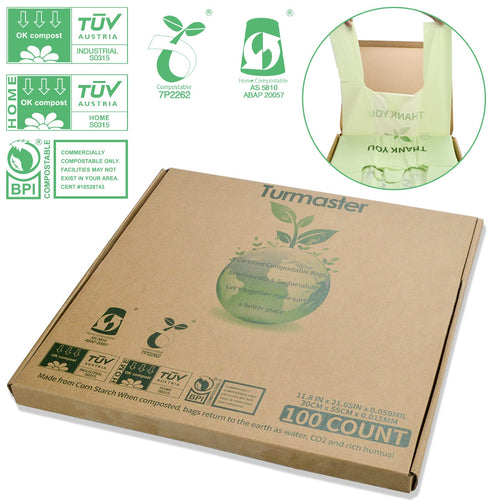 100% Certified Compostable Grocery Bags Biodegradable T-Shirt Bags Recyclable Thank You Shopping Bags Eco Friendly takeout Reusable Bags, Great for On The Go, Farmers Markets,100 Count