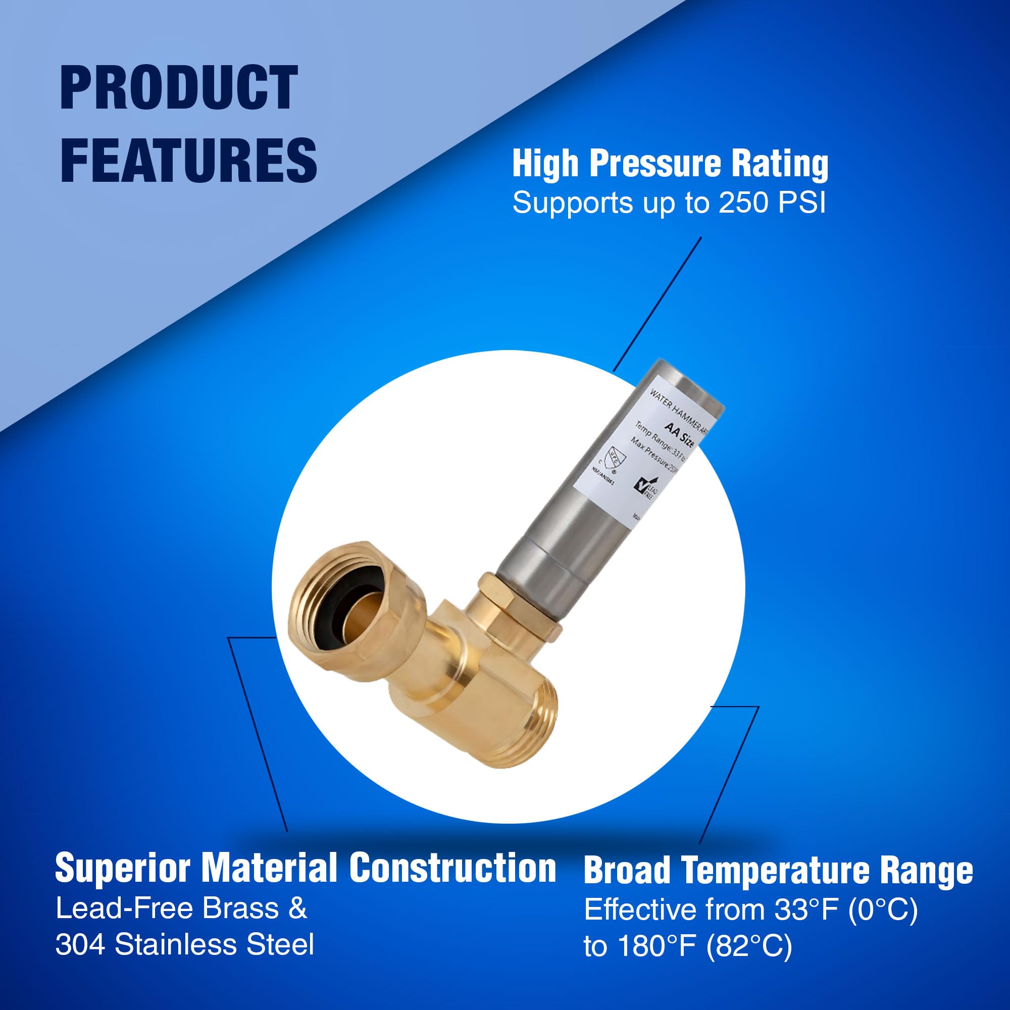 New Age America® AquaFlow 360™ 2pcs Hammer Arrestor | Straight | Washing Machine | 3/4" Male GHT & 3/4" Swivel Female GHT | 304 Stainless Steel & Brass