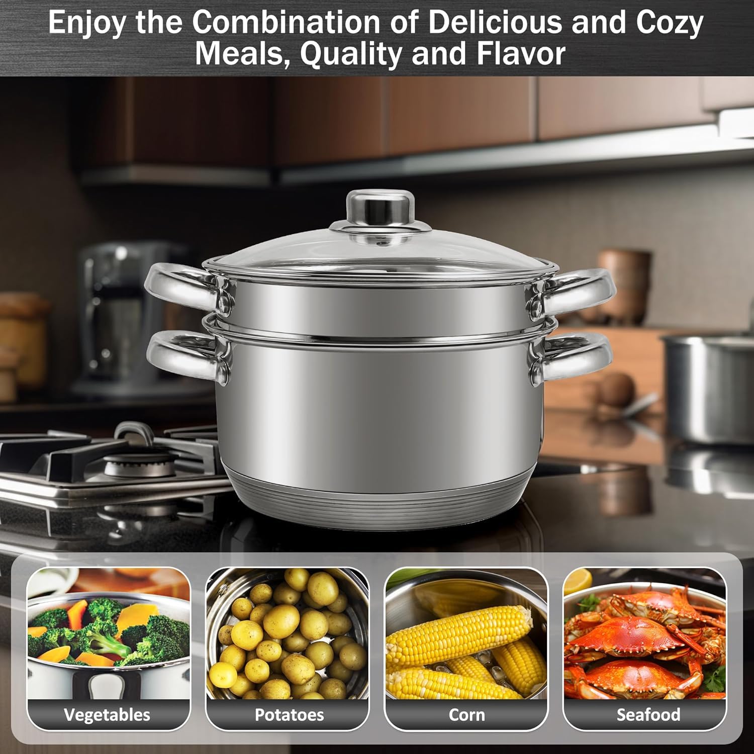 KroWallu 3.6L / 4QT Stock Pot with Steamer, Stainless Steel Pot Set Including Stock Pot, Steamer and Tempered Glass Lid, Stay Cool Handle, Work with Gas Electric Induction Stove, Dishwasher