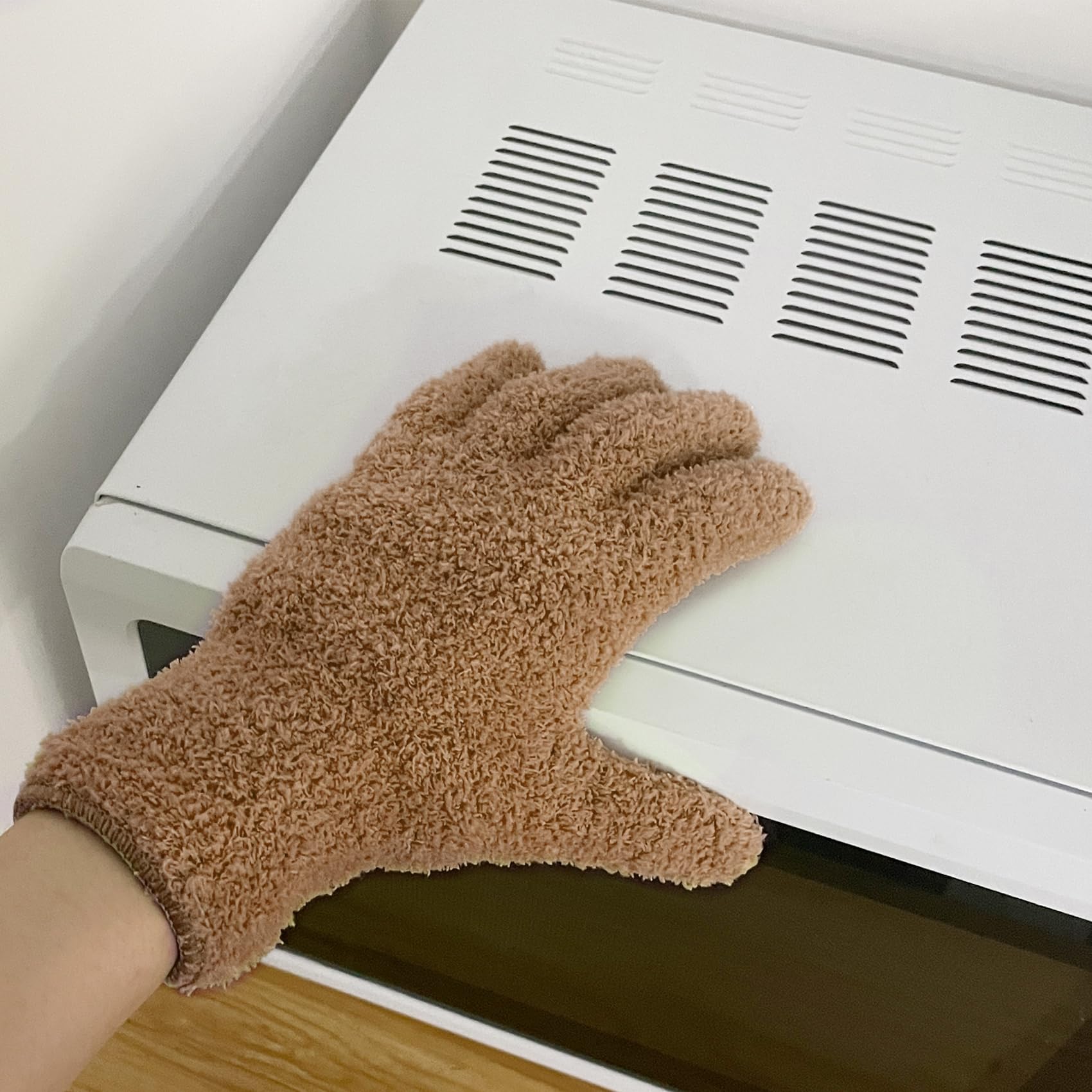 Ikosora 3 Pairs Microfiber Dusting Gloves, Plant Cleaning Reusable Microfiber Mitt for House, Car Blinds Cleaning Gloves, Grey, Green, Camel