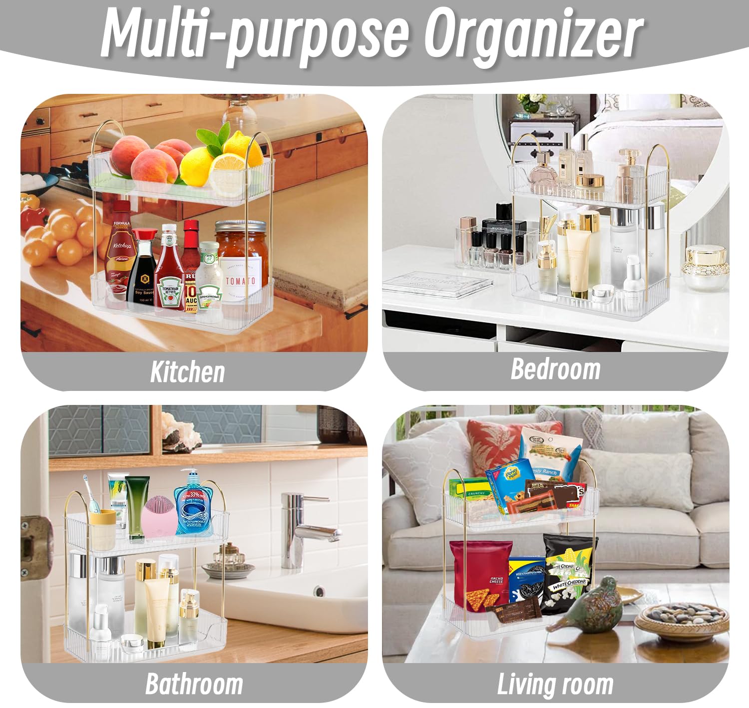 Bathroom Counter Organizer, Countertop Storage Cosmetics Shelf Skincare Organizer, skincare organizers bathroom vanity organizer Makeup Organizer Perfume for Dresser Vanity Tray [2 Tier-clear]