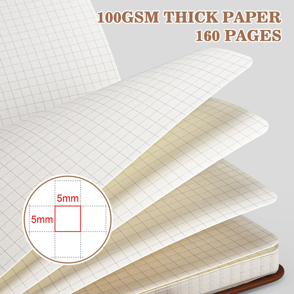 Graph Paper Notebook 4 Pack, 160 Pages, A5 Medium Size (5.7" x 8.3"), 100gsm Thick Grid Paper, Hardcover Leather Grid Notebook Journal for Writing, Graph Notebook for Work, School, Math, Engineering