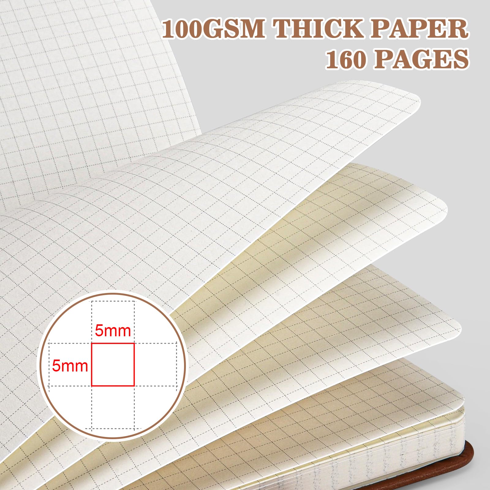Graph Paper Notebook 4 Pack, 160 Pages, A5 Medium Size (5.7" x 8.3"), 100gsm Thick Grid Paper, Hardcover Leather Grid Notebook Journal for Writing, Graph Notebook for Work, School, Math, Engineering