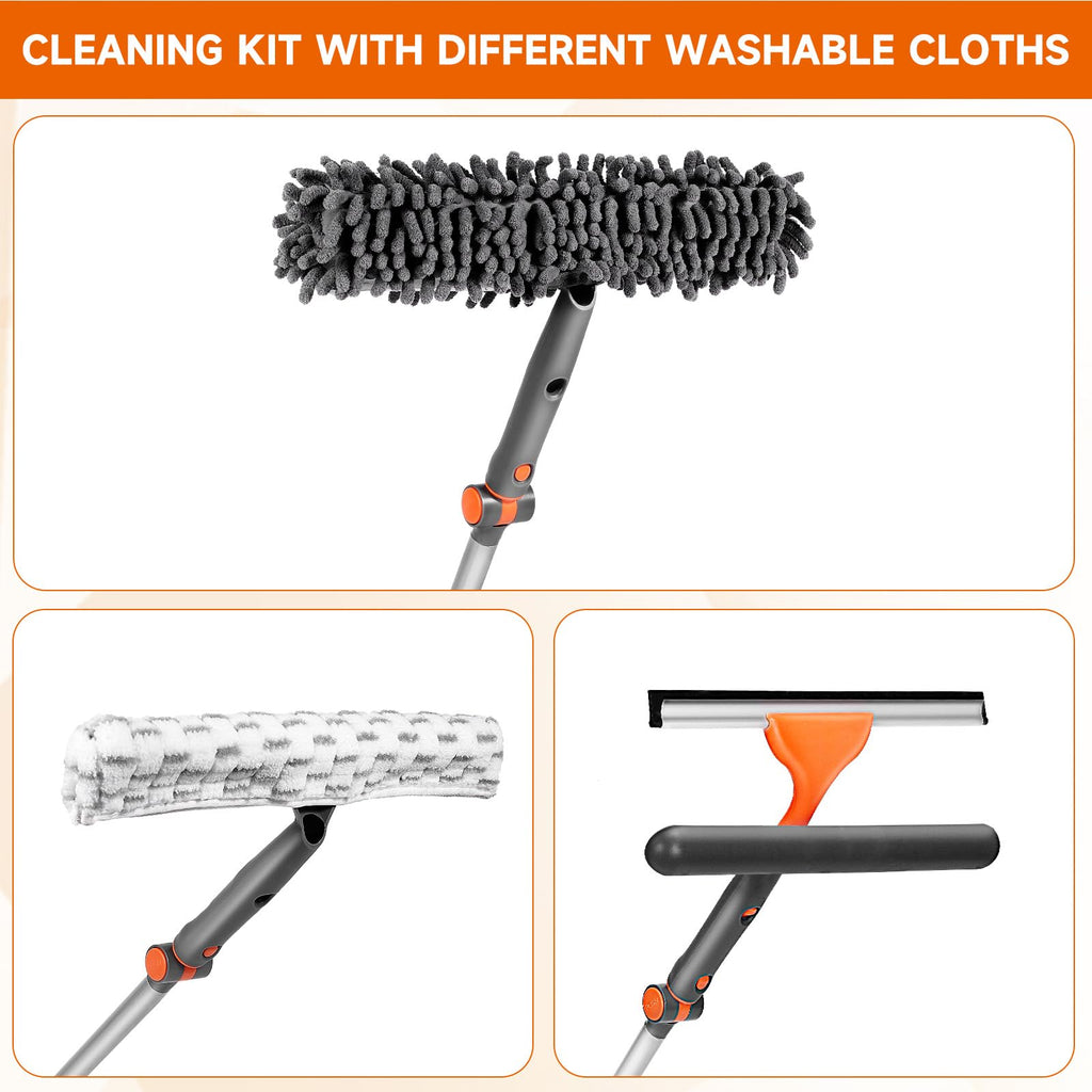 Chabatree Window Squeegee Cleaner Set 2-in-1 with Extendable Pole, Window Cleaning kit with Bendable Head for Glass for Car Indoor Outdoor High Windows（Kit1.0）