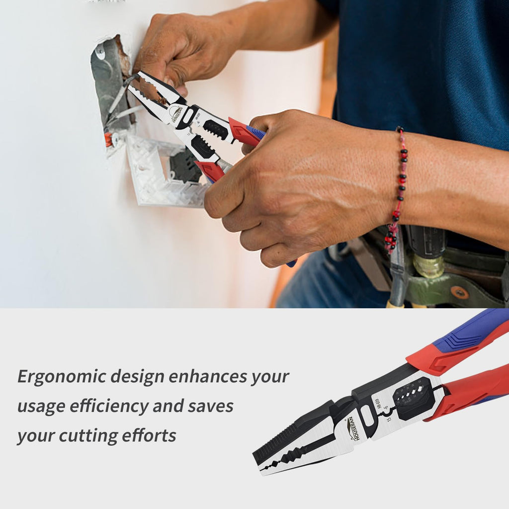 HOUSERAN Linemans Pliers, Combination Pliers with Wire Stripper and Crimper, 8 Inch Lineman Plier, 5-in-1 Linesman for Cutting, Crimping, Stripping