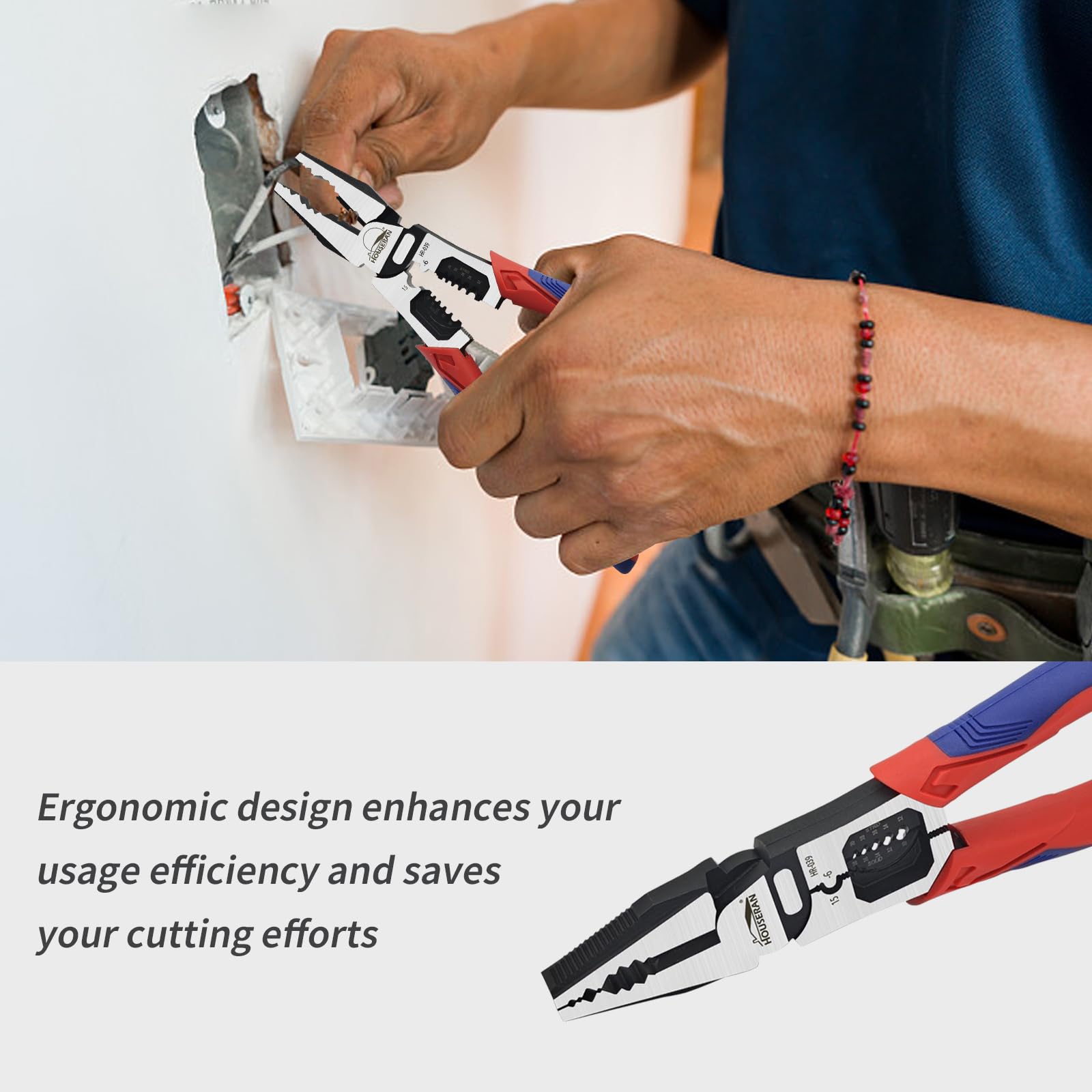HOUSERAN Linemans Pliers, Combination Pliers with Wire Stripper and Crimper, 8 Inch Lineman Plier, 5-in-1 Linesman for Cutting, Crimping, Stripping