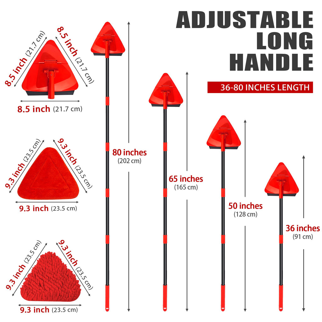 NEWE Wall Mop Cleaner, 80 inches Long Handle, 180° Folding Ceiling Cleaning Tool with Squeegee for Washing Painted Walls, Triangle Baseboard Scrubber with 3 Chenille Duster and 3 Microfiber Pads (Red)