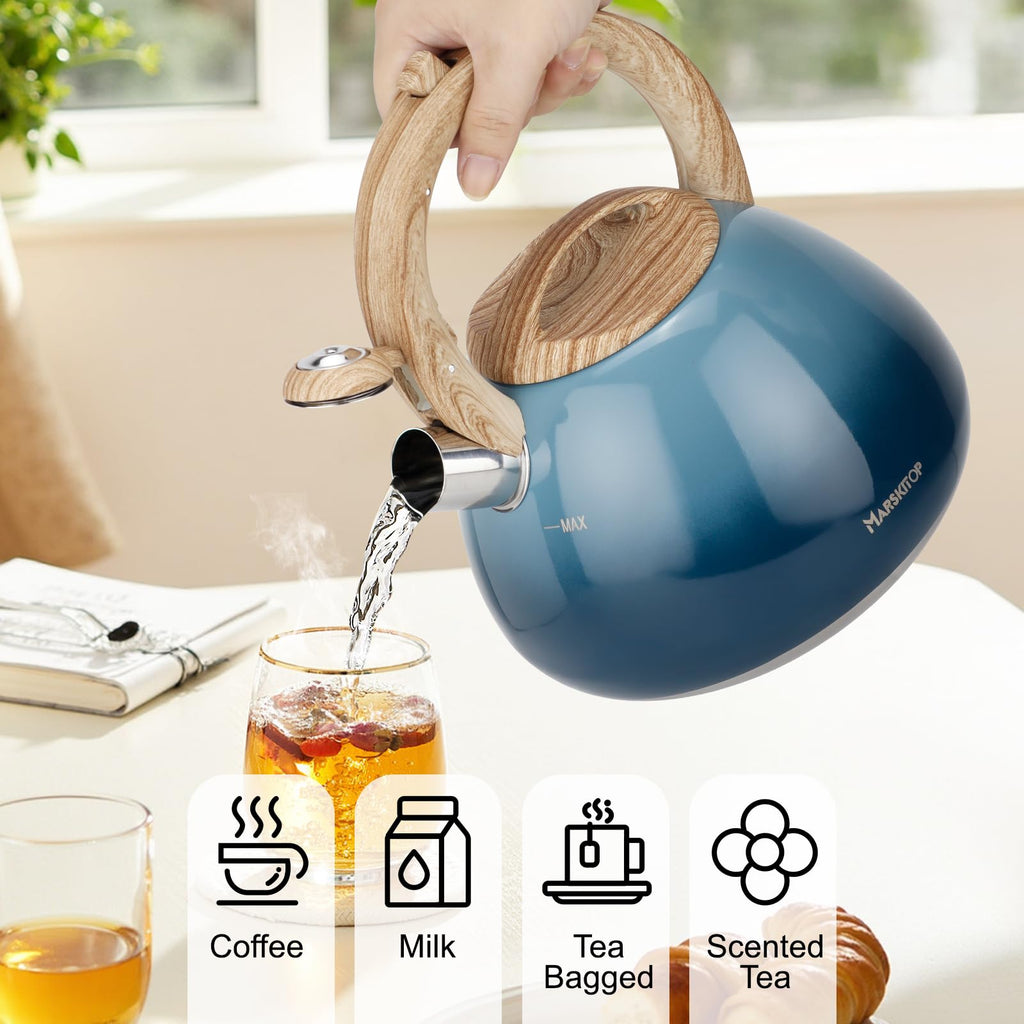 Whistling Tea Kettle for Stove Top Stainless Steel Tea Kettle Small Tea Pots 2.6 Quart with Wood Pattern Anti-Hot Handle (Blue)