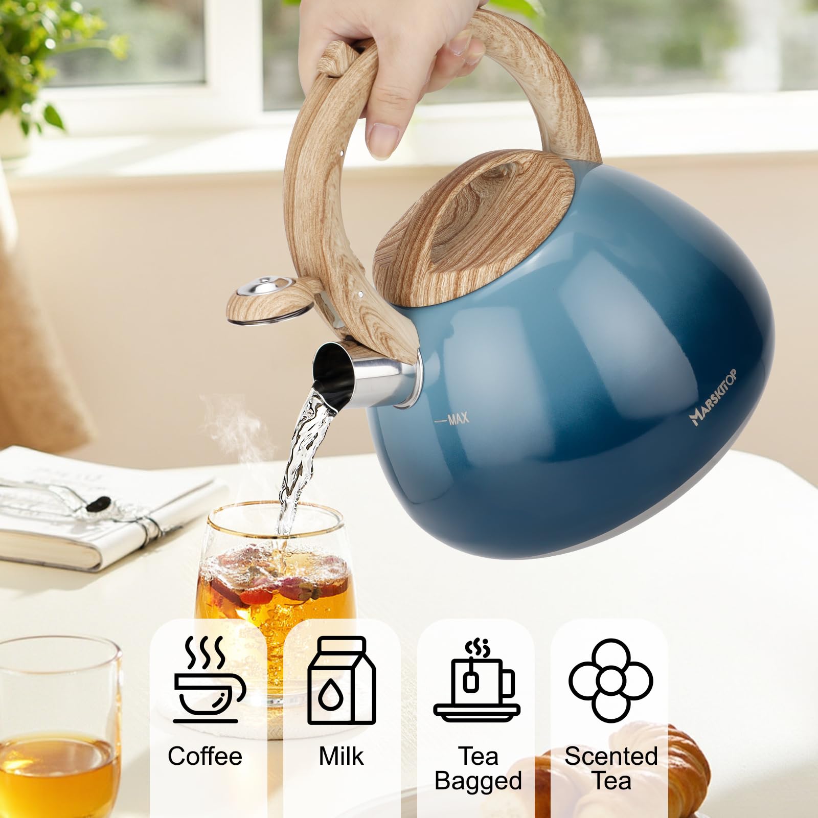 Whistling Tea Kettle for Stove Top Stainless Steel Tea Kettle Small Tea Pots 2.6 Quart with Wood Pattern Anti-Hot Handle (Blue)