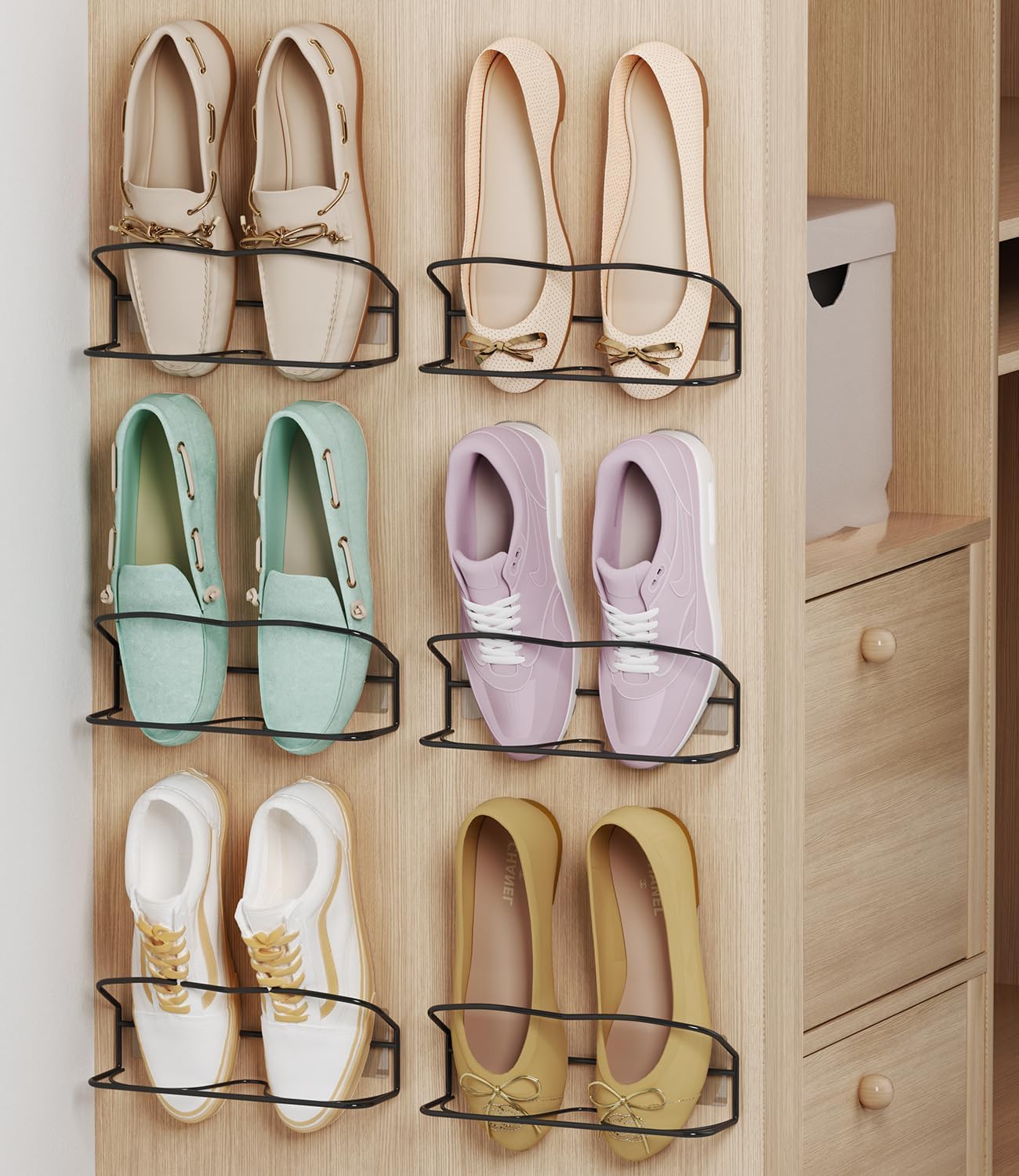 PrimZooty Wall Mounted Shoe Rack 6PCS, with Sticky Hanging Strips, Metal Wall Shoe Storage, Hanging Shoe Organizer for Wall/RV/Door
