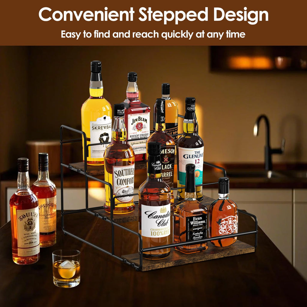 Nuovoware Liquor Bottle Display Shelf, 3 Step Wine Rack Countertop Liquor Shelf, Mini Bar Liquor Cabinet Kitchen Coffee Bar Shelf Stand for Whiskey, Black