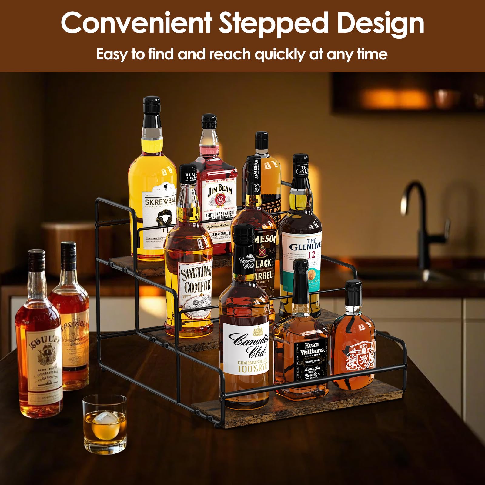 Nuovoware Liquor Bottle Display Shelf, 3 Step Wine Rack Countertop Liquor Shelf, Mini Bar Liquor Cabinet Kitchen Coffee Bar Shelf Stand for Whiskey, Black