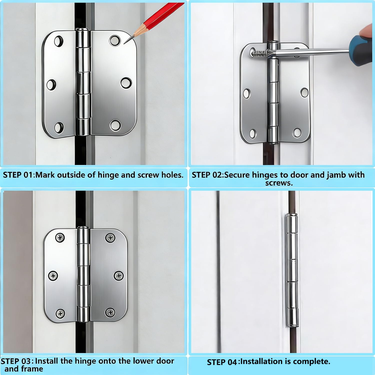 Brushed Nickle Door Hinges,6 Pack Exterior Hinges Doors,3x3 Inch Silver Hinge for Interior Doors 5/8" Rounded Radius Corners Durable Steel Hinge Door Hardware