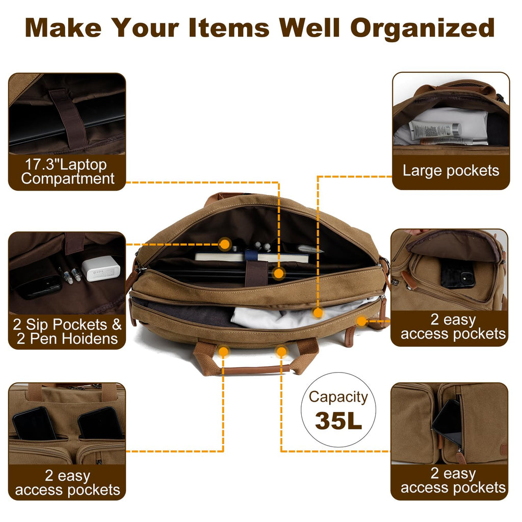 Koolehaoda 3 in 1 Convertible Briefcase Backpack 17.3 inch Laptop Backpack Case Messenger Bag for Men, Multi-Functional Computer Bag for Travel Bussiness Men Women (Coffee)