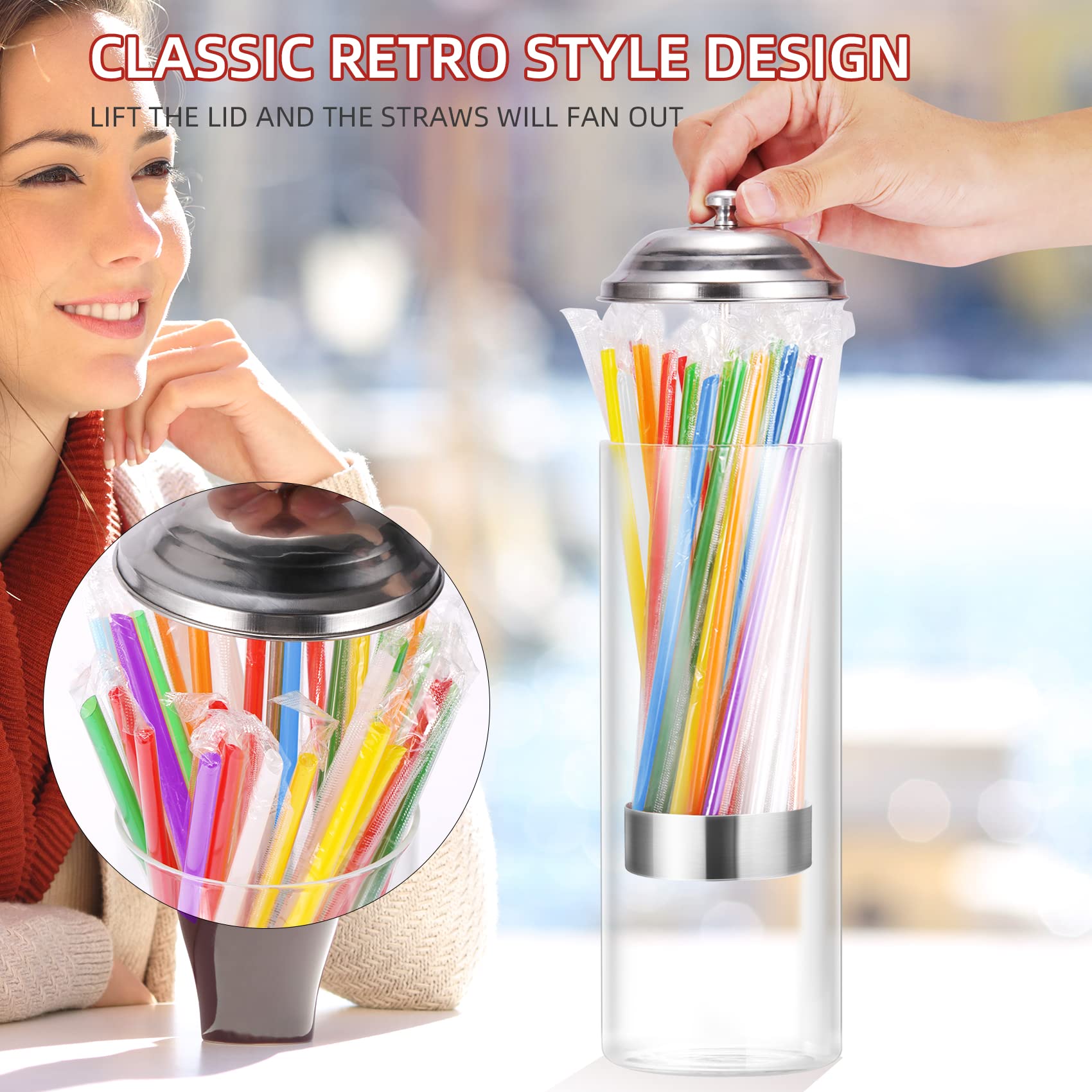 Kailund Glass Straw Holder Drinking Straw Dispenser for Counter with 200 Straws & Stainless Steel Lid, Retro Straw Organizer Container for Cafes, Bars, Home