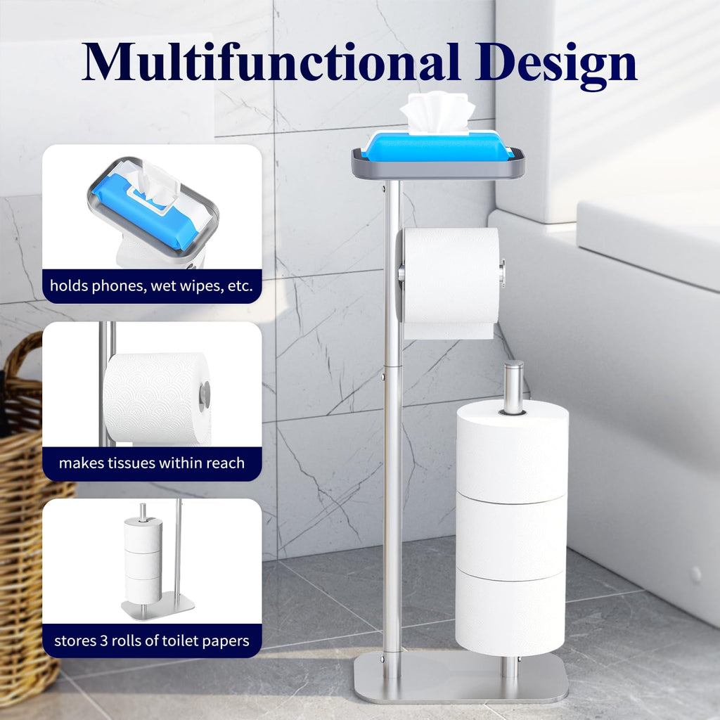 Kitsure Toilet Paper Roll Holder Free Standing – Rustproof Metal Toilet Paper Stand for 4 Rolls with Anti-Slip Base and Shelf for Phone & Small Items, Silver, 63.0 x 23.5 x 15.0 cm