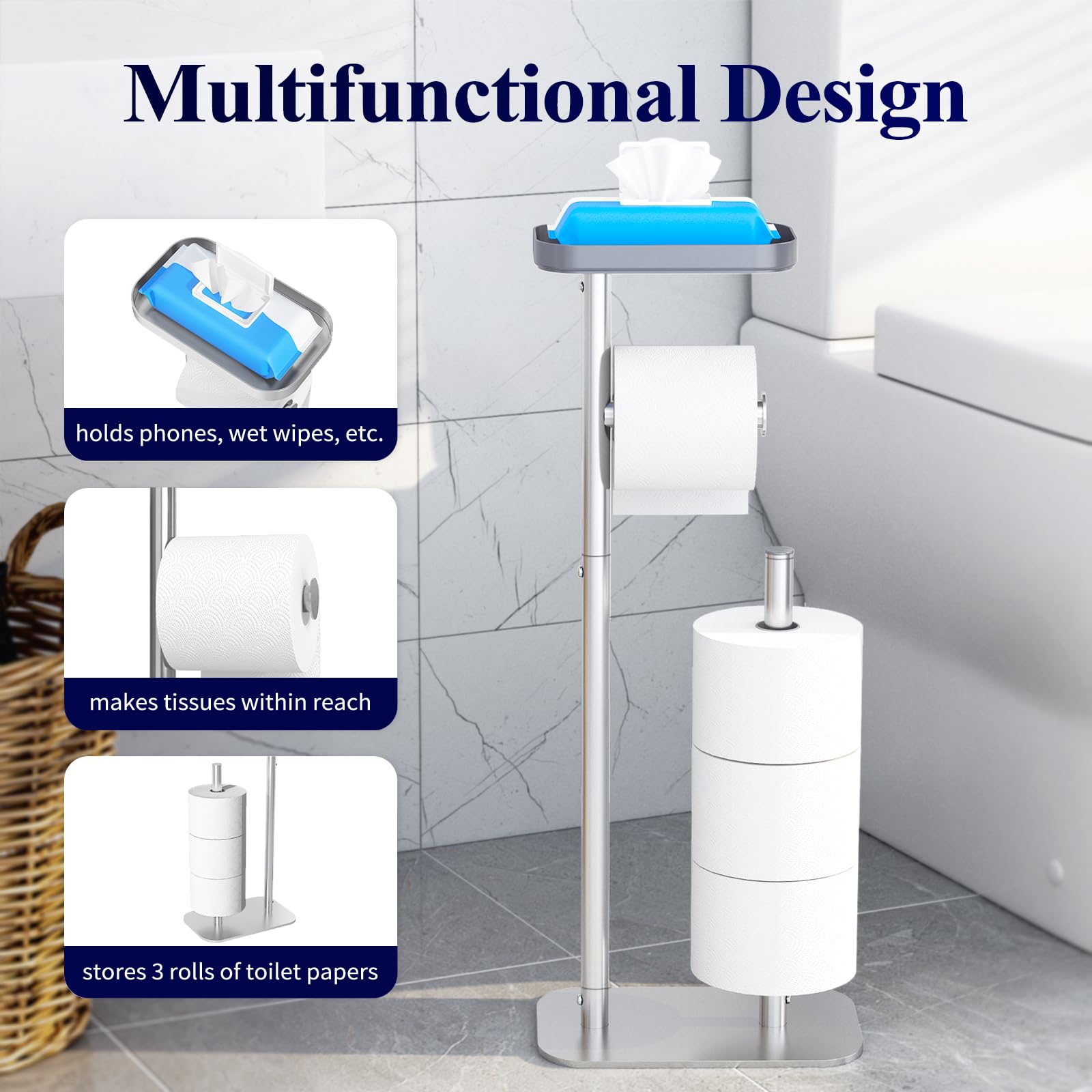 Kitsure Toilet Paper Roll Holder Free Standing – Rustproof Metal Toilet Paper Stand for 4 Rolls with Anti-Slip Base and Shelf for Phone & Small Items, Silver, 63.0 x 23.5 x 15.0 cm