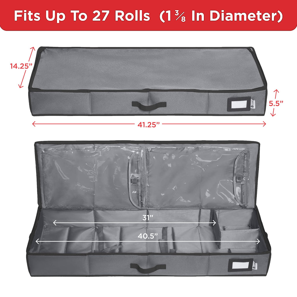 Wrapping Paper Storage Container – Fits up to 27 Rolls 1 3/8” Diam. - Underbed Gift Wrap Organizer Bags, Wrapping Paper Rolls, Ribbon, and Bows - Under Bed- Durable Material 600D - Up to 40” Rolls