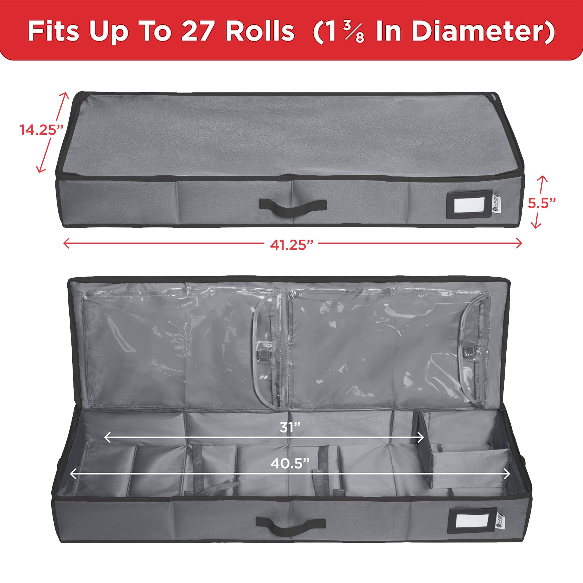 Wrapping Paper Storage Container – Fits up to 27 Rolls 1 3/8” Diam. - Underbed Gift Wrap Organizer Bags, Wrapping Paper Rolls, Ribbon, and Bows - Under Bed- Durable Material 600D - Up to 40” Rolls