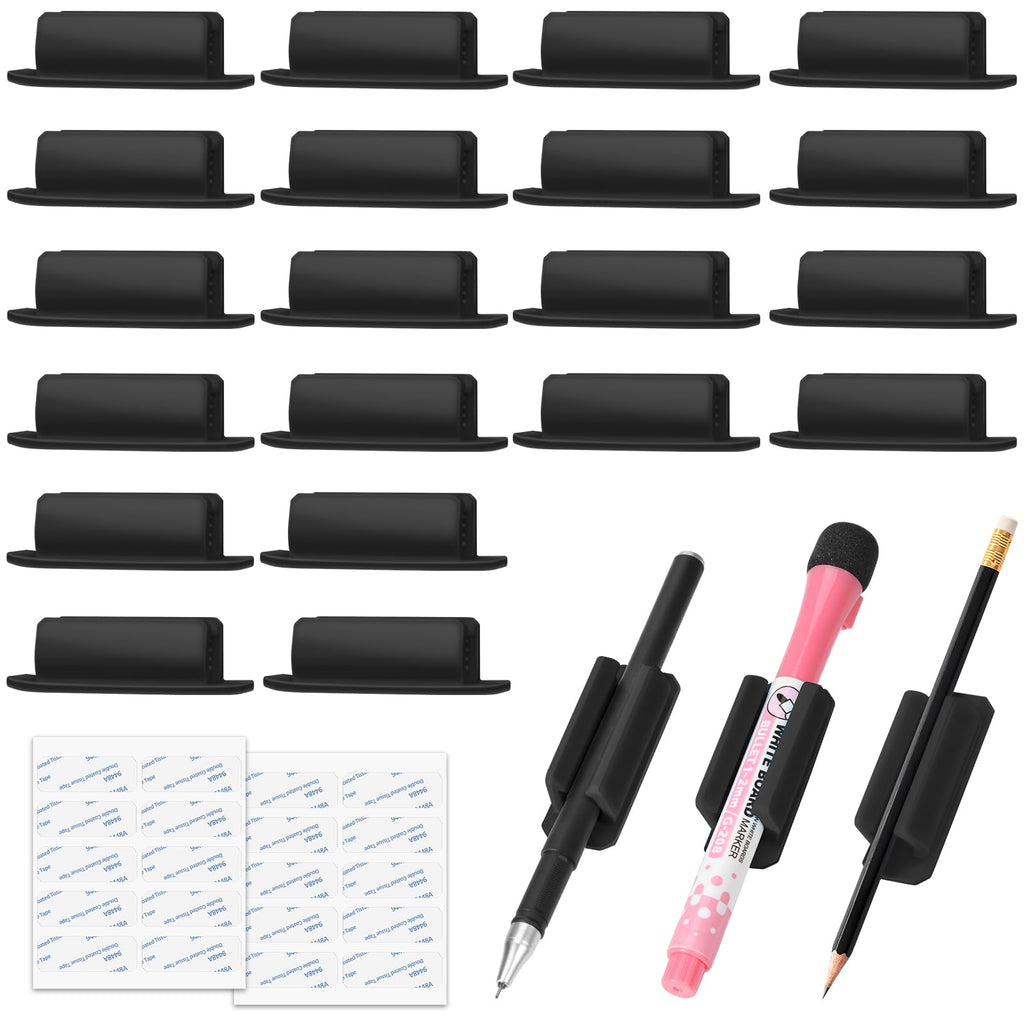 20 Pack Silicone Pen Holder, Adhesive Pen Pencil Holder for Desk Pen Holder Clips Marker Holder with 20 Pcs Extra Sticky Tape for Classroom Office Home Desk Accessories (Black)