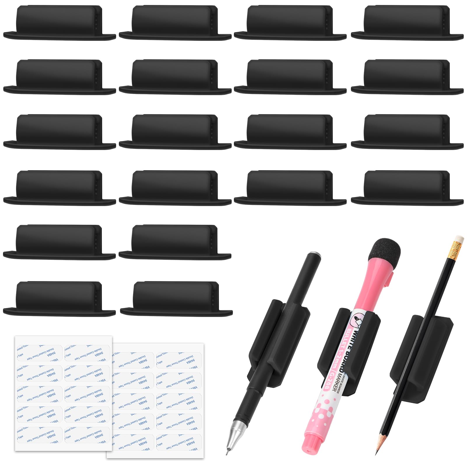 20 Pack Silicone Pen Holder, Adhesive Pen Pencil Holder for Desk Pen Holder Clips Marker Holder with 20 Pcs Extra Sticky Tape for Classroom Office Home Desk Accessories (Black)