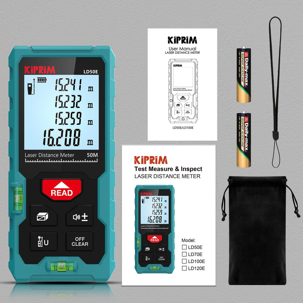 Kiprim Laser Distance Measure High Accuracy 50M LD50E Laser Tape Measure 165ft Compact Laser Measurement Tool with Larger Backlit LCD Display,ft/m/in Switching,Bubble Level