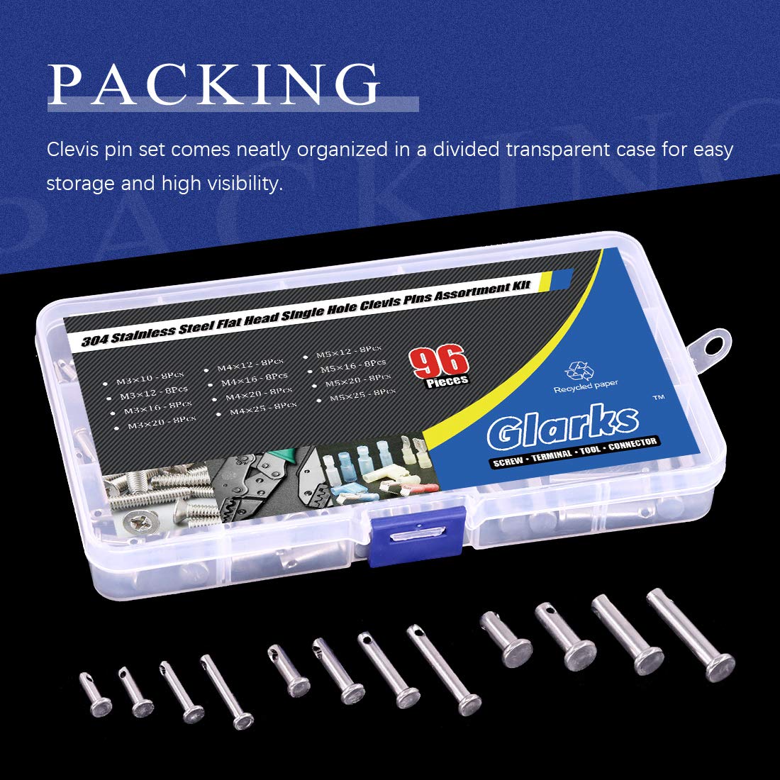 Glarks 96Pcs 12 Sizes 304 Stainless Steel Flat Head Single Hole Clevis Pins Assortment Kit