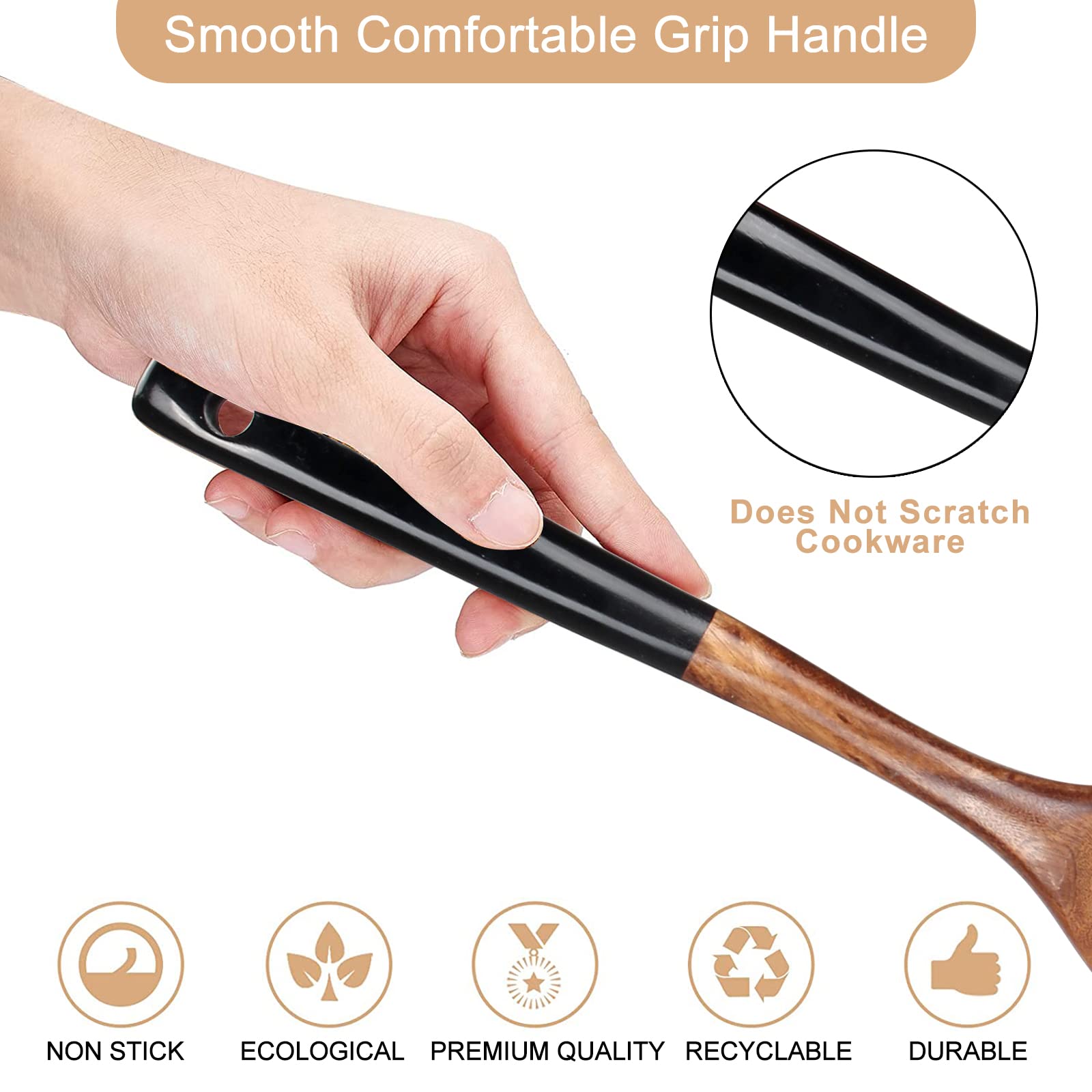 2 Pcs Wooden Spatula Set for Cooking Non Toxic Teak Kitchen Utensils Slotted Pancake Turner Flat Wood Wok Spatulas Bamboo Spoon for Cooking Utensil Set Spurtle Scraper Black Fish Egg Flipper Spatula
