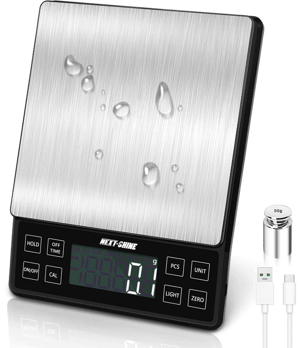 NEXT-SHINE Food Kitchen Scale 11lb/5kg, 0.1g High Precision & Type-C Rechargeable Digital Scale, Large Stainless Steel Platform with Backlit LCD for Baking, Cooking, Meal Prep (9 Units, Tray Included)