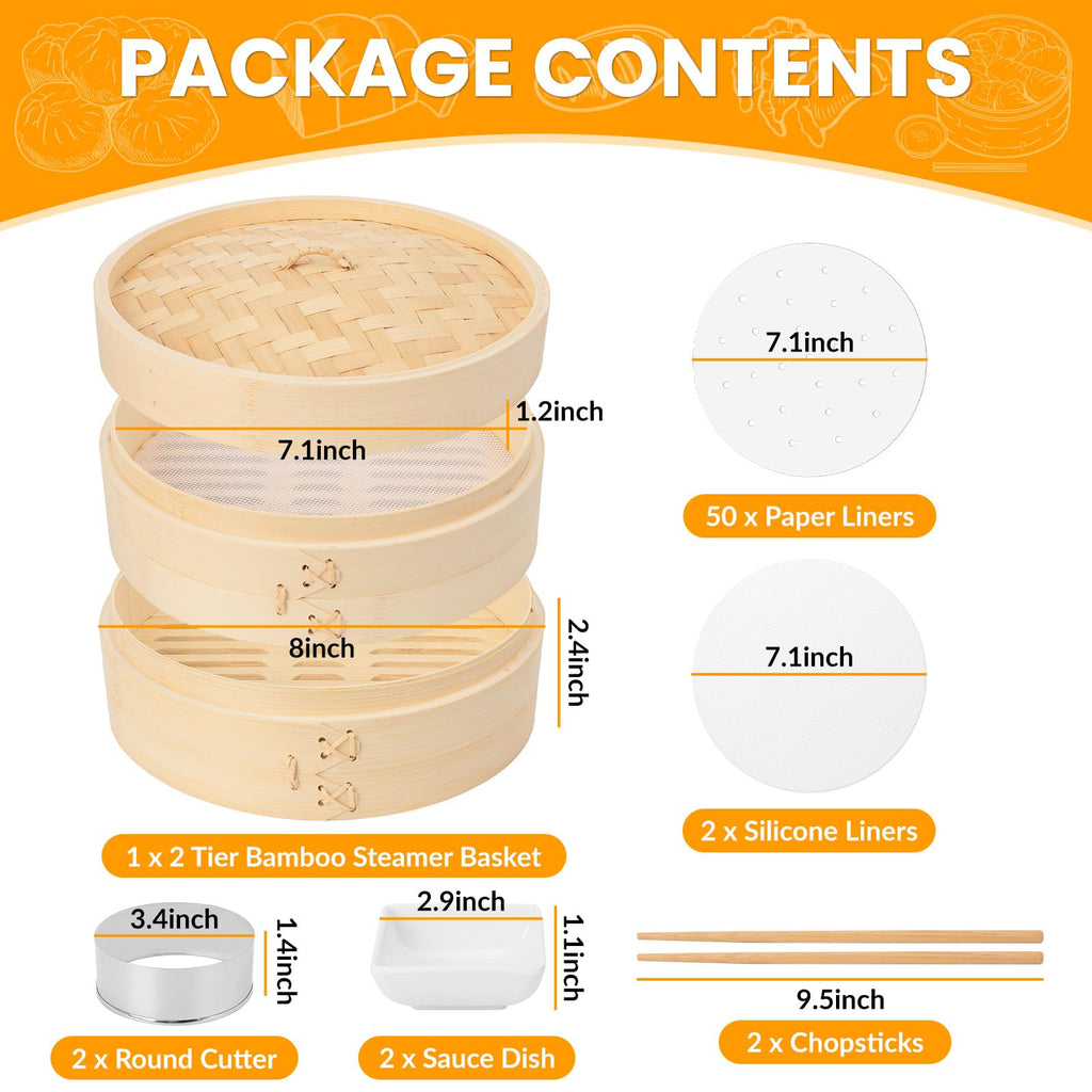 61 PCS 8 Inch 2 Tier Bamboo Steamer, Bamboo Steamer Basket, Dim Sum Basket, with 1Ring Adapter, 2Reusable Silicone Liner, 2 pairs of chopsticks, 2Sauce Dishes, 50Paper Liners, 1Ring