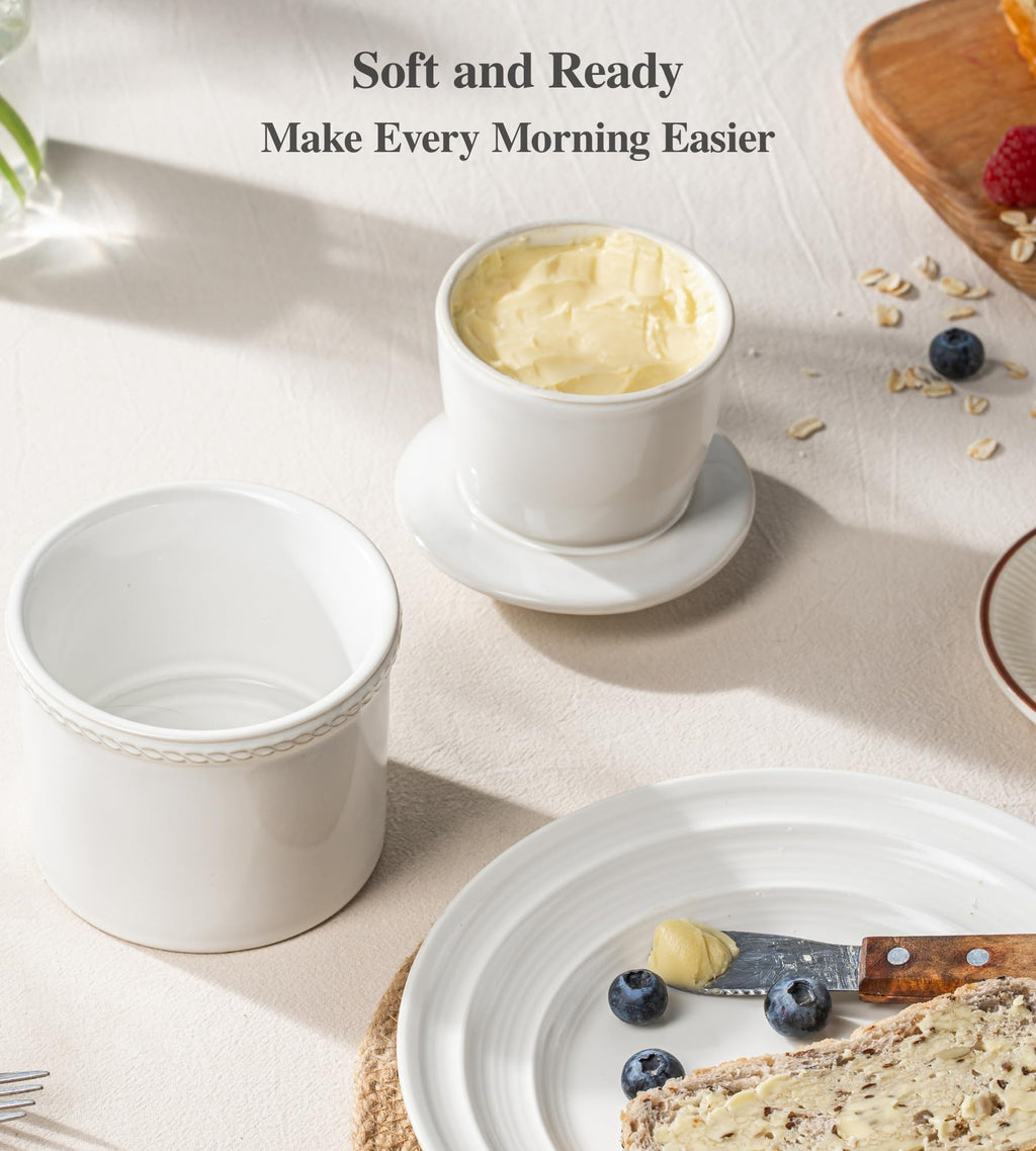 JERSINWEI Butter Crock with Lid, French Butter Dish for Countertop, Ceramic Butter Keeper Keeps Butter Soft & Spreadable Without Refrigeration, Vintage Kiln Glaze White Design, 8 oz / 230 ml