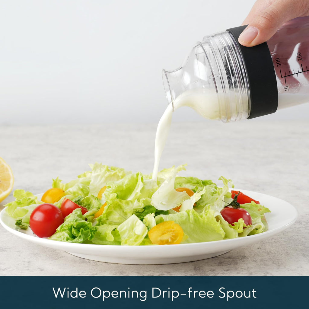 KITCHENDAO 2 in 1 Salad Dressing Shaker Container with Juicer, Pour Spout, Leakproof, Dishwasher Safe, BPA Free, Homemade Oil and Vinegar Salad Dressing Bottle Mixer Dispenser, 1-1/2 Cups (Black)