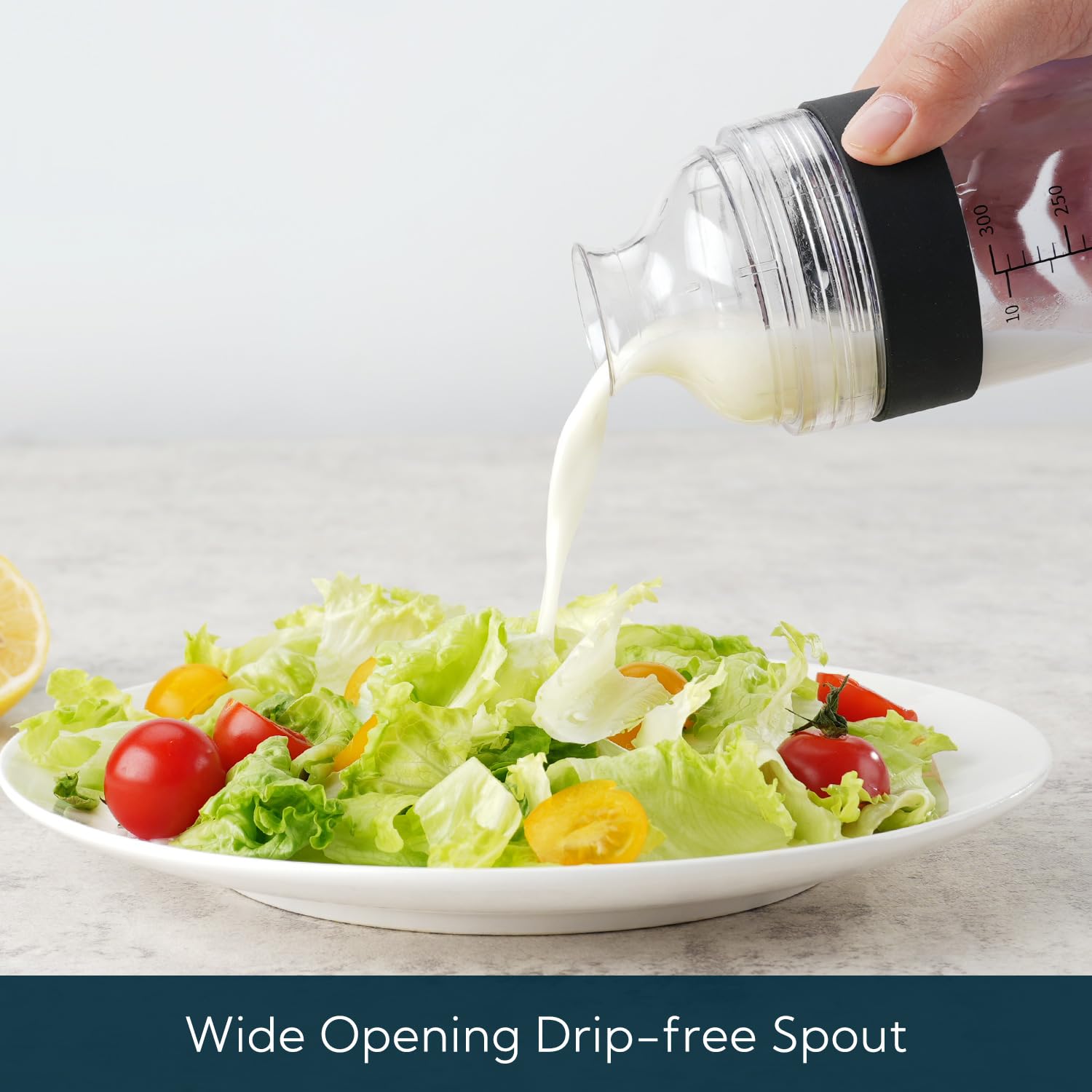 KITCHENDAO 2 in 1 Salad Dressing Shaker Container with Juicer, Pour Spout, Leakproof, Dishwasher Safe, BPA Free, Homemade Oil and Vinegar Salad Dressing Bottle Mixer Dispenser, 1-1/2 Cups (Black)