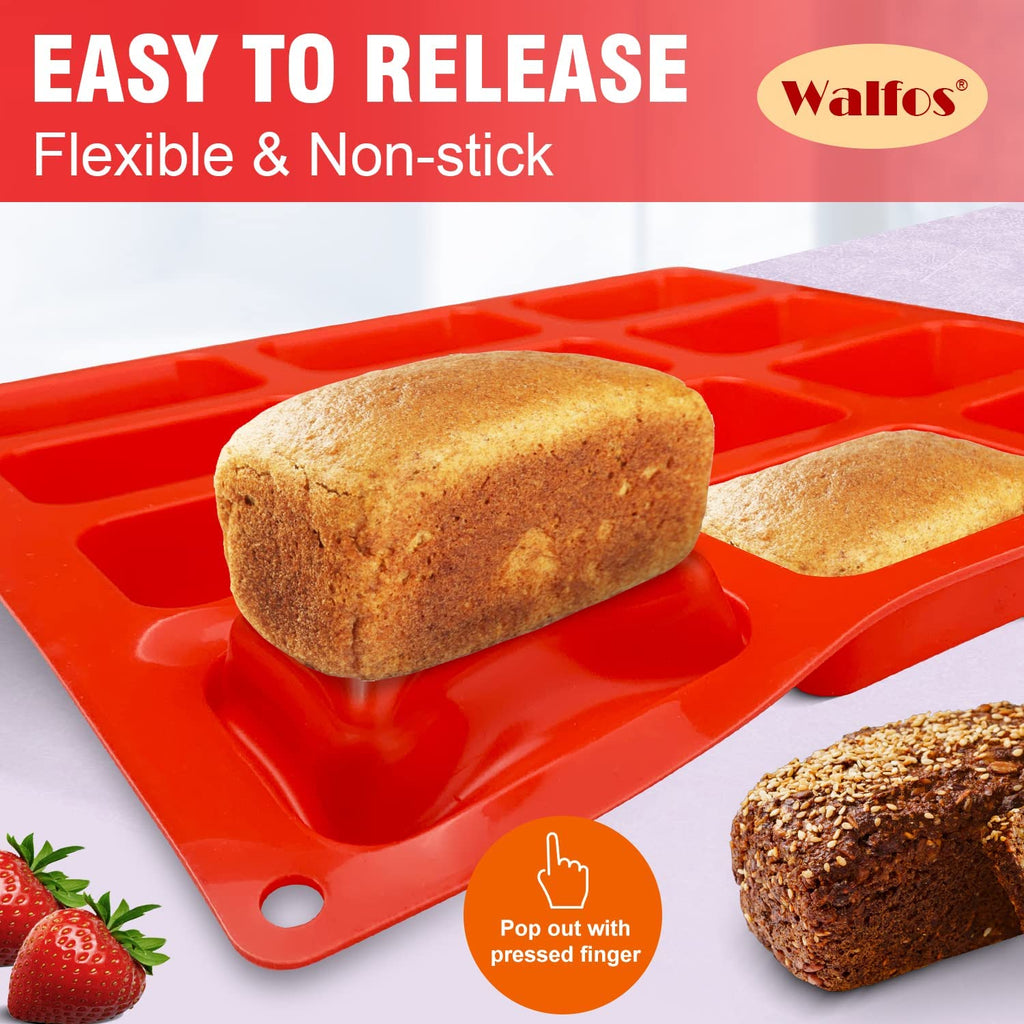 Silicone Mini Loaf pan, Walfos 12 Cavities Mini Bread Pan Brownie Pan, Food Grade & Non-Stick, Ideal for Mini Bread, Brownie, Cornbread, Cheesecake and Chocolate (2 Pieces)