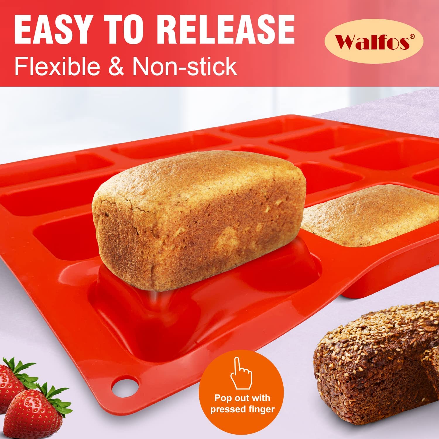 Silicone Mini Loaf pan, Walfos 12 Cavities Mini Bread Pan Brownie Pan, Food Grade & Non-Stick, Ideal for Mini Bread, Brownie, Cornbread, Cheesecake and Chocolate (2 Pieces)
