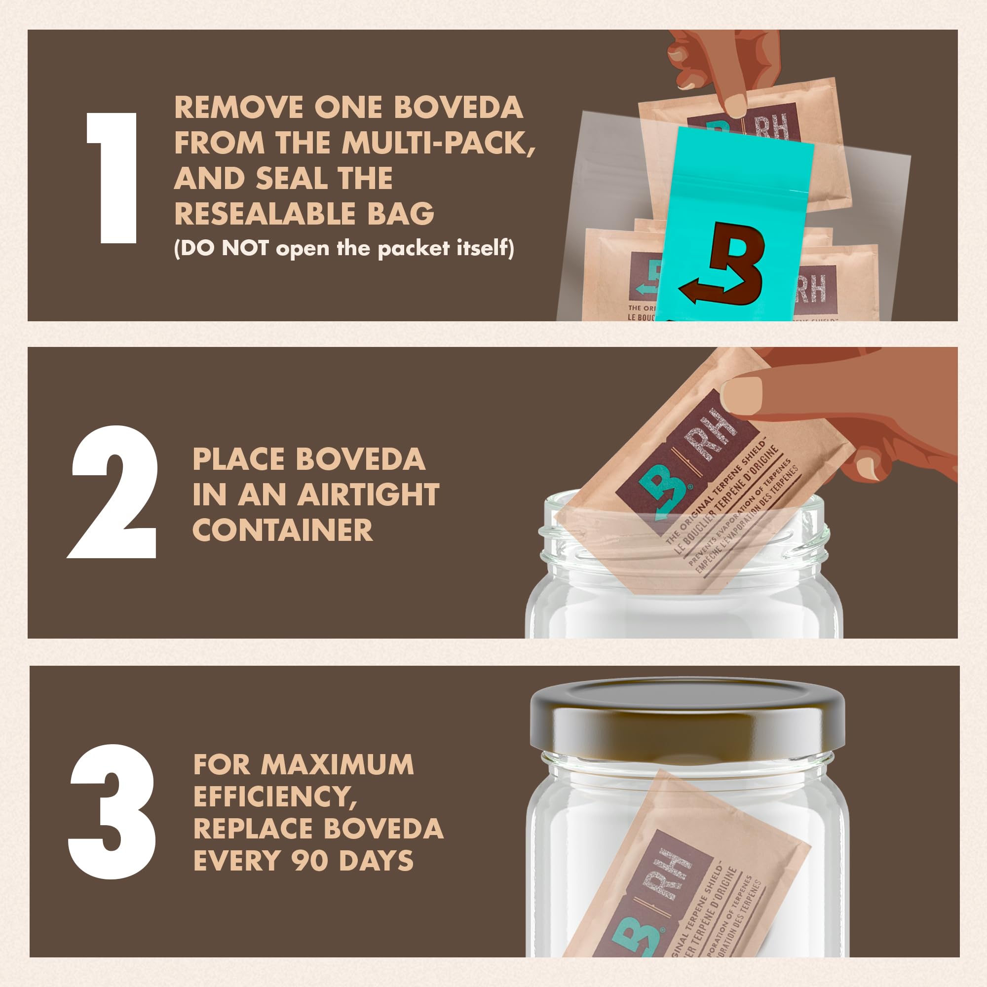 Boveda 62% Two-Way Humidity Control Packs For Storing 1 lb – Size 67 – 4 Pack – Moisture Absorbers for Storage Containers – Humidifier Packs – Hydration Packets in Resealable Bag