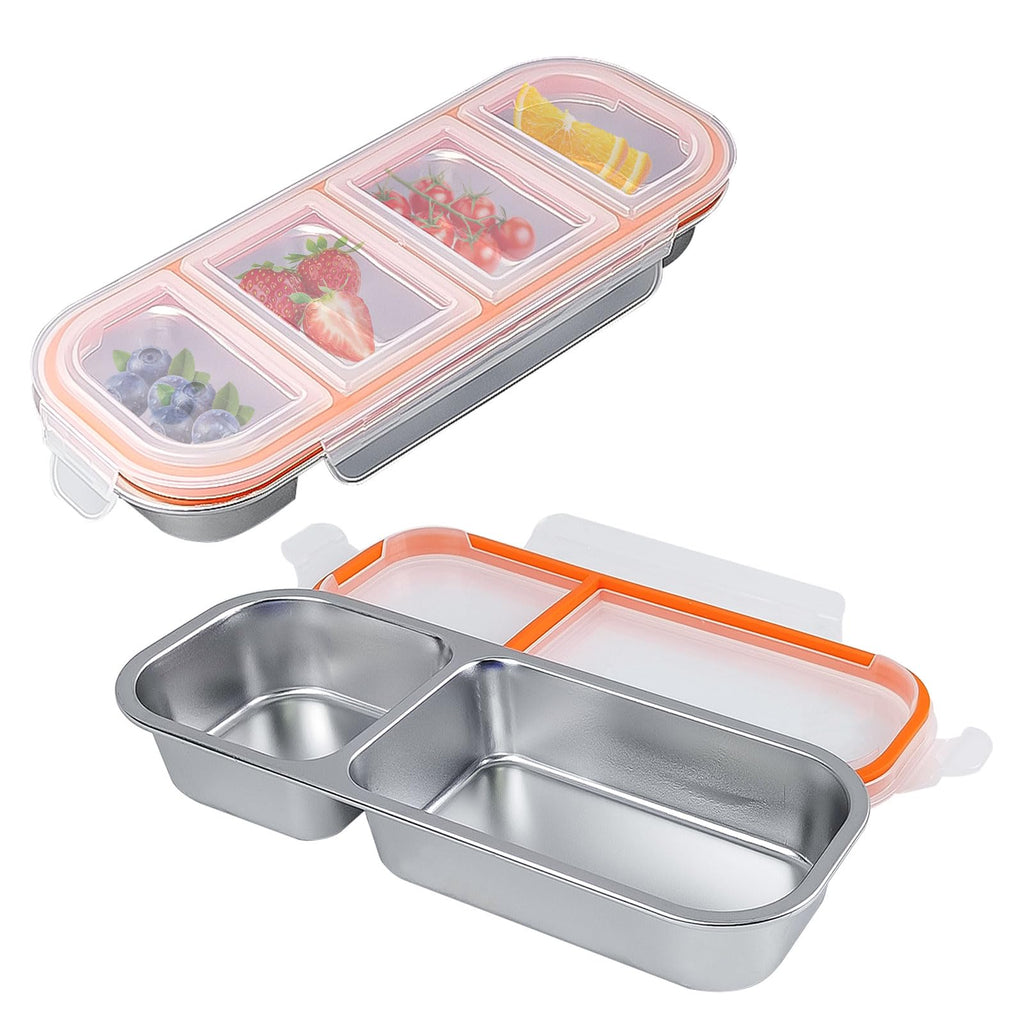 304 Stainless Steel Snack Box Snackle Box 4+2 Compartments with Lids Portable Food Container for School, Office & Picnic. (2 Pcs)