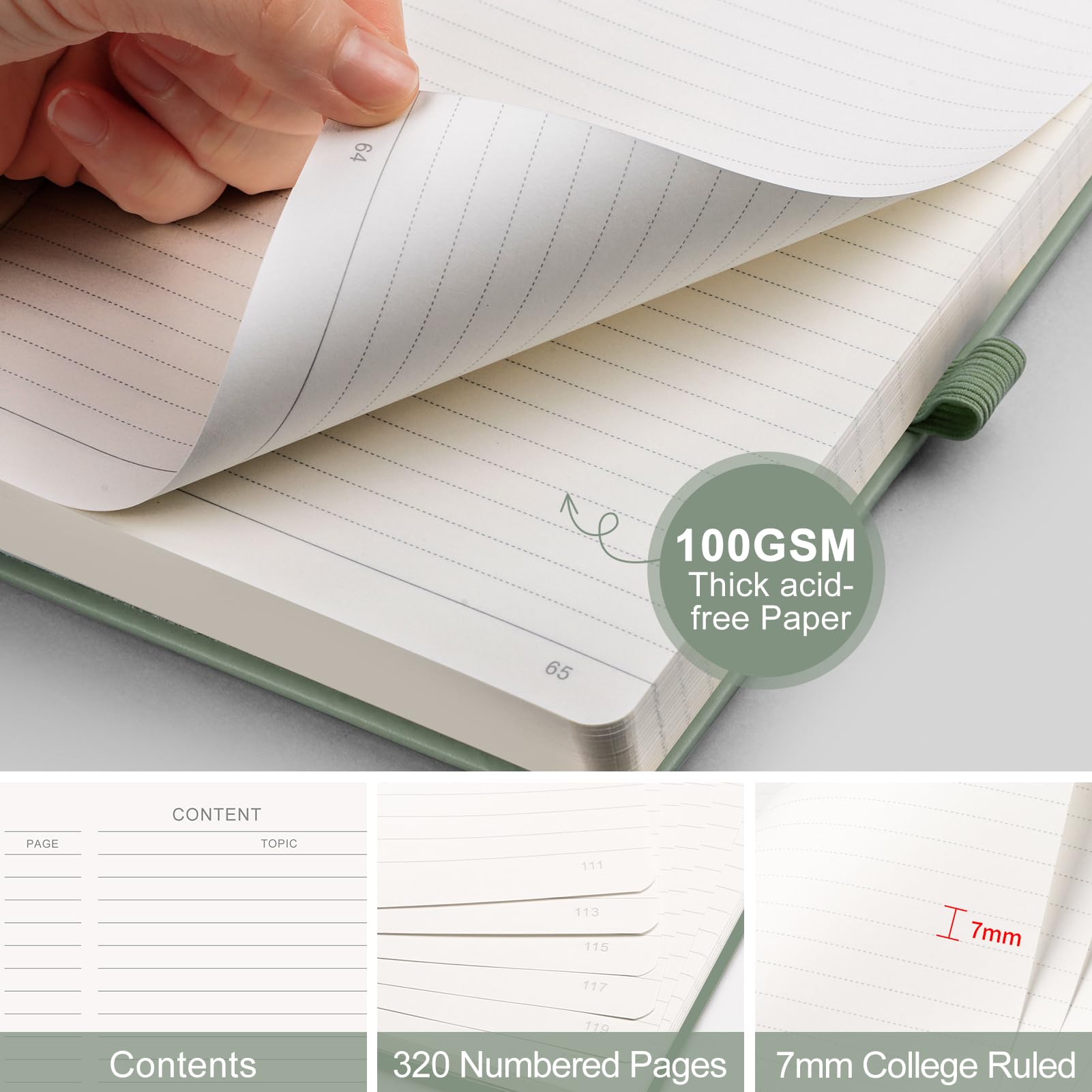 AHGXG Lined Journal Notebook for Work, A5 College Ruled Notebook with 320 Numbered Pages 100 GSM Thick Paper, Hardcover Leather Journal for Women Men Students, 5.7" x 8.3", Sage Green
